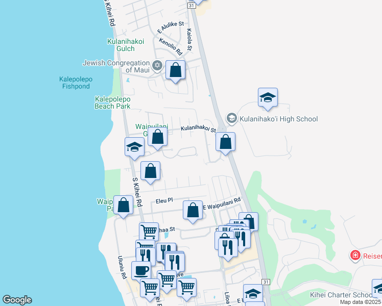 map of restaurants, bars, coffee shops, grocery stores, and more near 216 Oluea Circle in Kihei