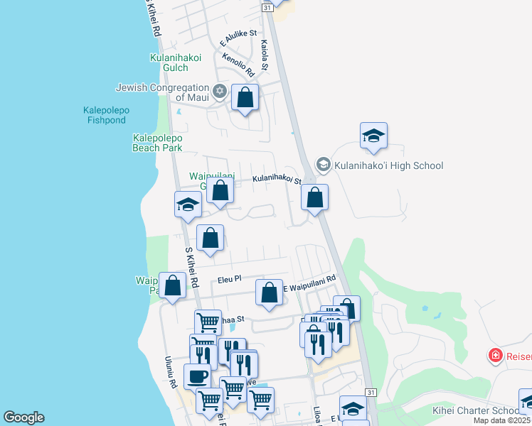 map of restaurants, bars, coffee shops, grocery stores, and more near 216 Oluea Circle in Kihei