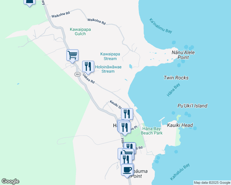 map of restaurants, bars, coffee shops, grocery stores, and more near 134 Waikoloa Road in Hana