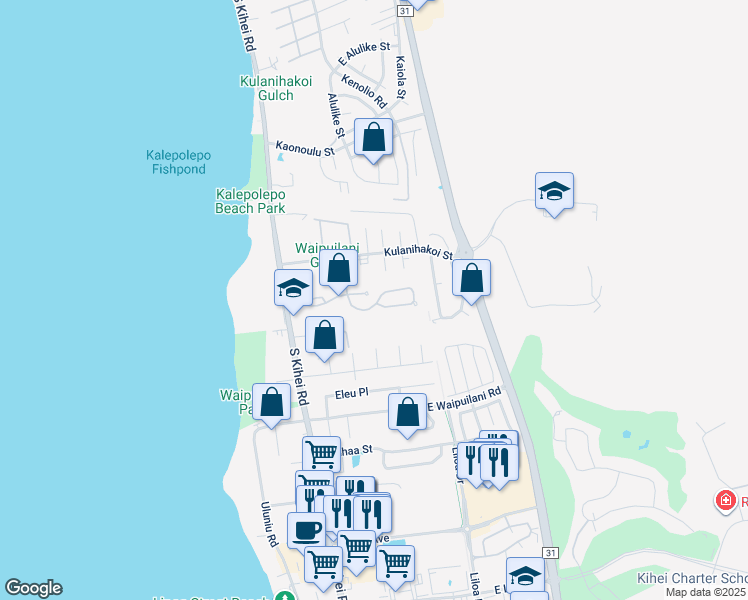 map of restaurants, bars, coffee shops, grocery stores, and more near 115 Oluea Circle in Kihei