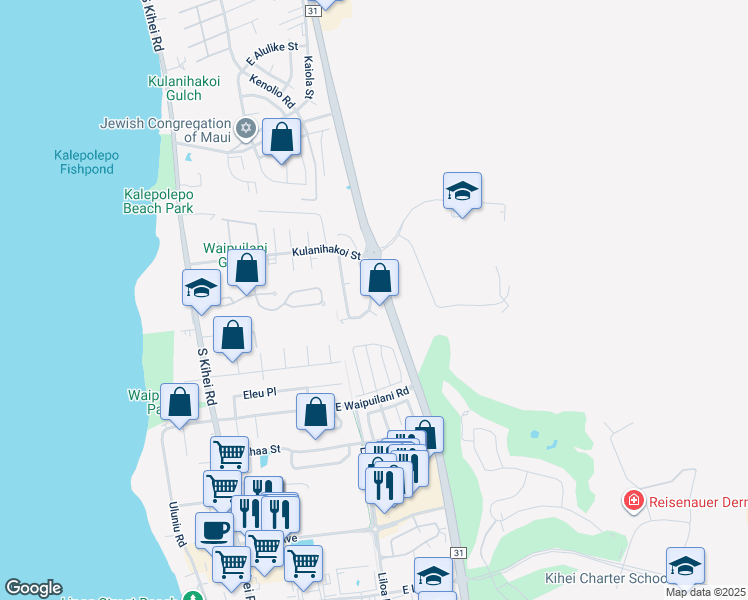 map of restaurants, bars, coffee shops, grocery stores, and more near 865 Mahealani Street in Kihei