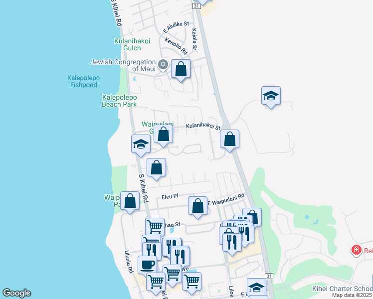 map of restaurants, bars, coffee shops, grocery stores, and more near 128 Oluea Circle in Kihei