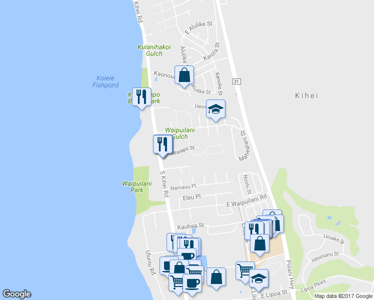 map of restaurants, bars, coffee shops, grocery stores, and more near 80 Waiapo Street in Kihei