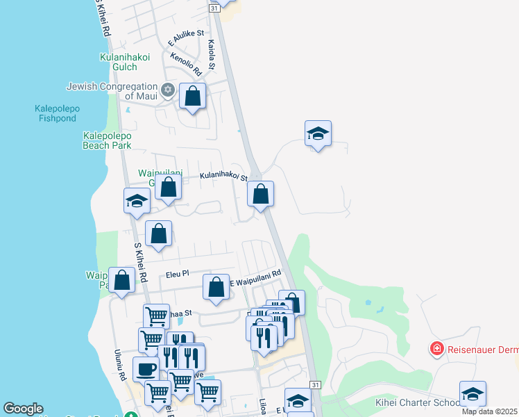 map of restaurants, bars, coffee shops, grocery stores, and more near 865 Mahealani Street in Kihei