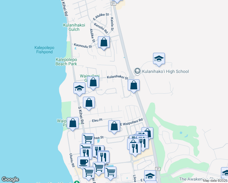 map of restaurants, bars, coffee shops, grocery stores, and more near 206 Oluea Circle in Kihei