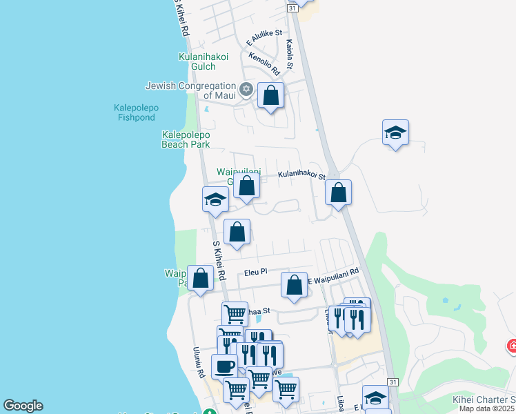 map of restaurants, bars, coffee shops, grocery stores, and more near 65 Oluea Street in Kihei