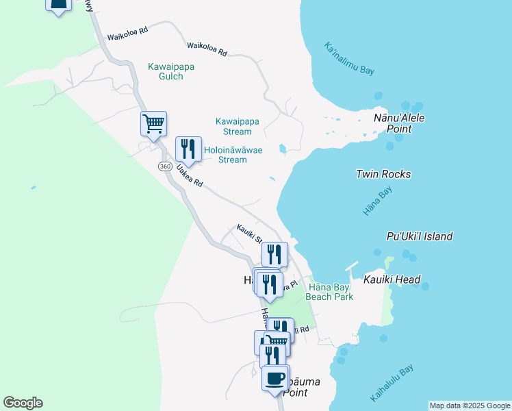 map of restaurants, bars, coffee shops, grocery stores, and more near 134 Waikoloa Road in Hana