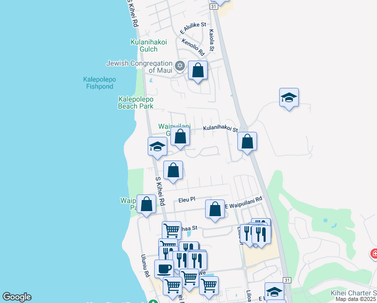 map of restaurants, bars, coffee shops, grocery stores, and more near 65 Oluea Street in Kihei