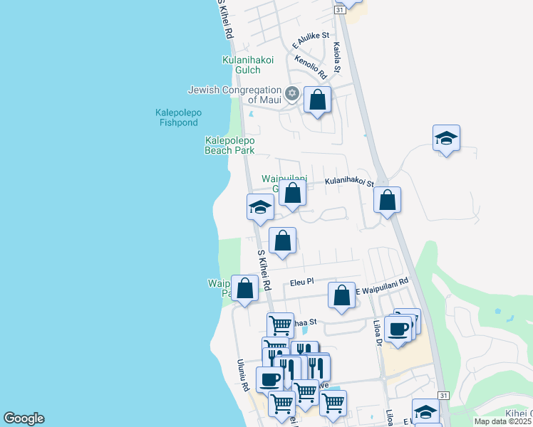 map of restaurants, bars, coffee shops, grocery stores, and more near 21 Waiapo Street in Kihei