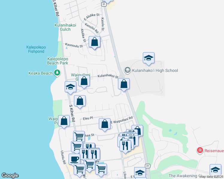 map of restaurants, bars, coffee shops, grocery stores, and more near 888 Malulani Street in Kihei
