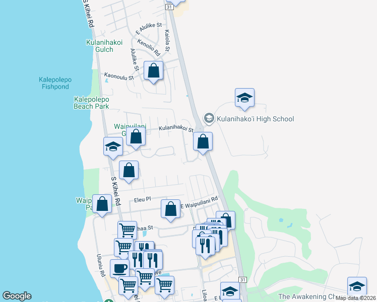 map of restaurants, bars, coffee shops, grocery stores, and more near 889 Malulani Street in Kihei