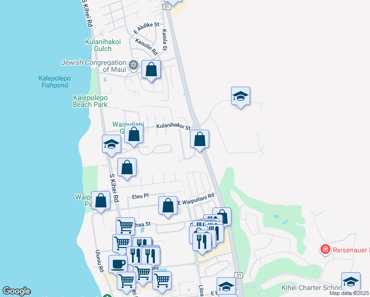 map of restaurants, bars, coffee shops, grocery stores, and more near 889 Malulani Street in Kihei