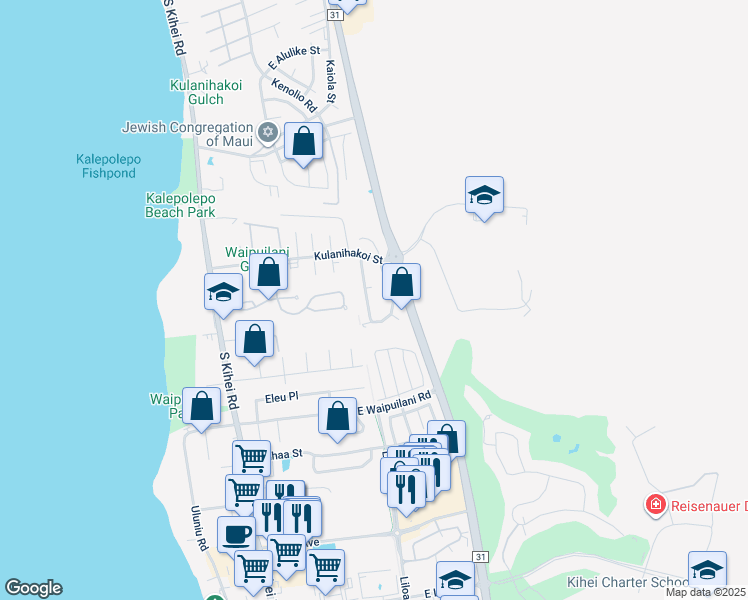 map of restaurants, bars, coffee shops, grocery stores, and more near 889 Malulani Street in Kihei