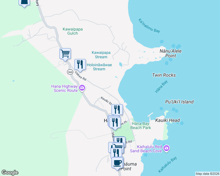 map of restaurants, bars, coffee shops, grocery stores, and more near 120 Waikoloa Road in Hana