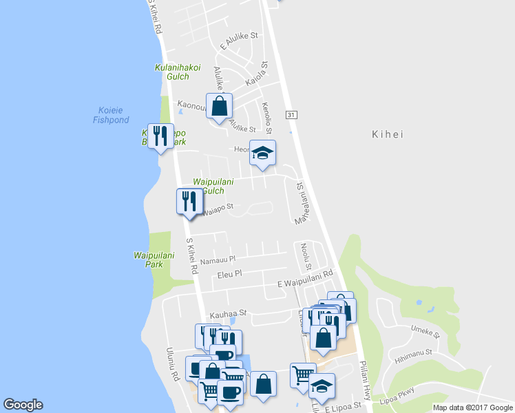 map of restaurants, bars, coffee shops, grocery stores, and more near 140 Oluea Circle in Kihei
