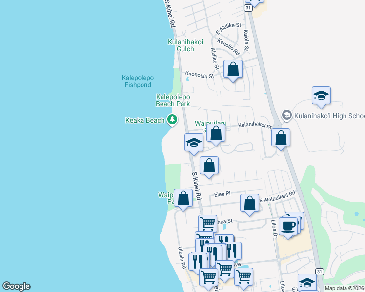 map of restaurants, bars, coffee shops, grocery stores, and more near 892 South Kihei Road in Kihei