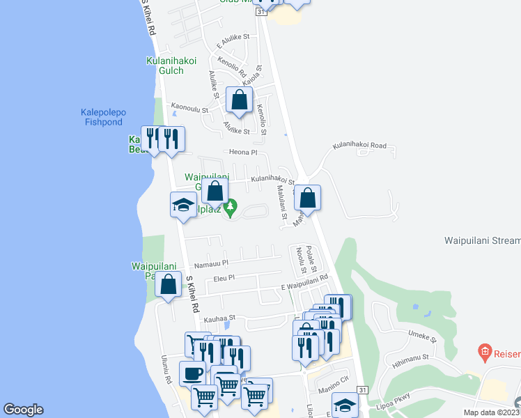map of restaurants, bars, coffee shops, grocery stores, and more near 160 Oluea Circle in Kihei