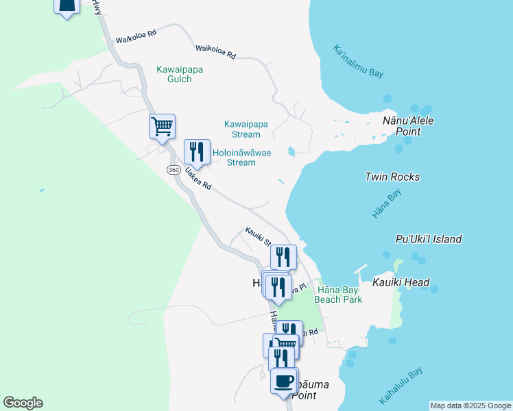 map of restaurants, bars, coffee shops, grocery stores, and more near 77 Waikoloa Road in Hana