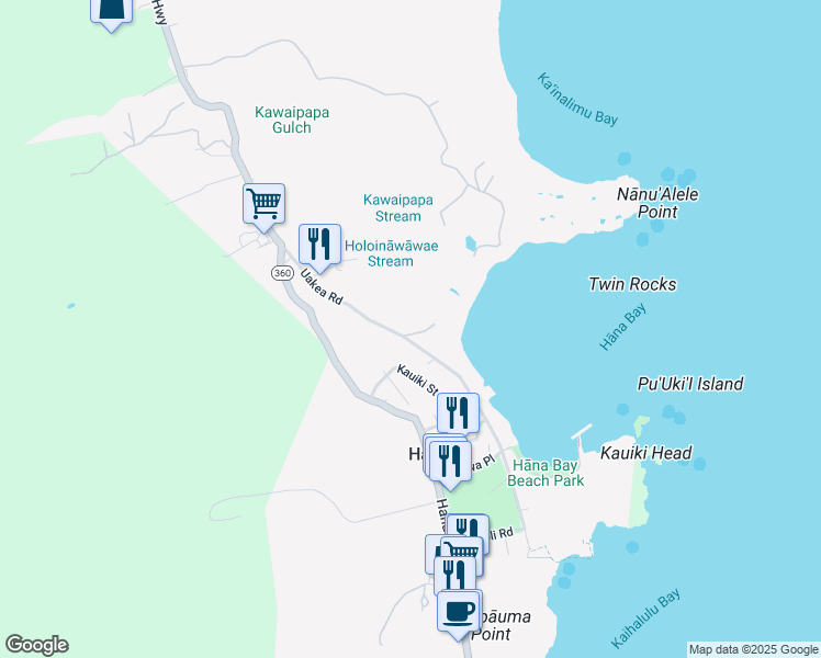 map of restaurants, bars, coffee shops, grocery stores, and more near 77 Waikoloa Road in Hana