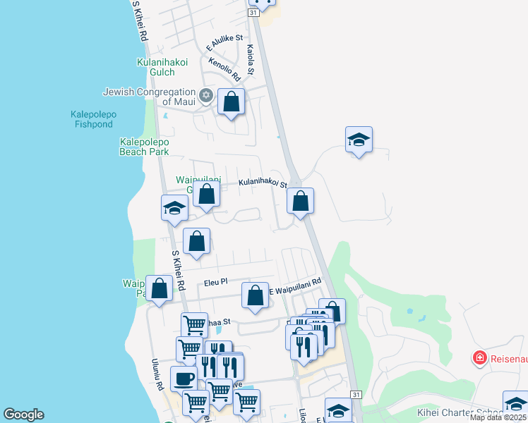 map of restaurants, bars, coffee shops, grocery stores, and more near 181 Oluea Circle in Kihei