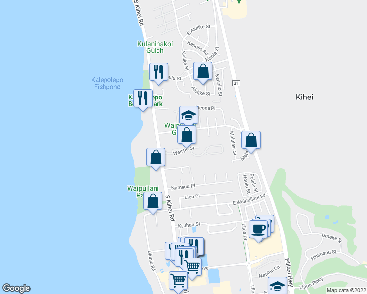 map of restaurants, bars, coffee shops, grocery stores, and more near 75 Waiapo Street in Kihei
