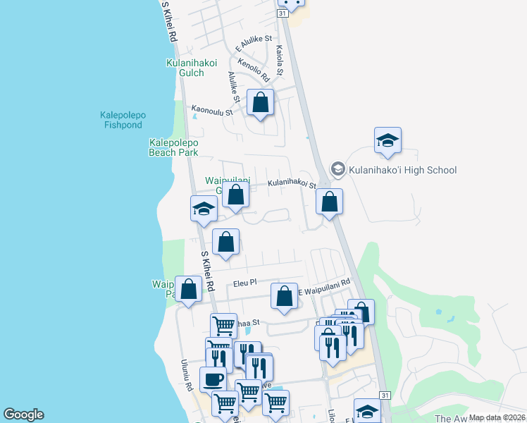 map of restaurants, bars, coffee shops, grocery stores, and more near 127 Oluea Circle in Kihei
