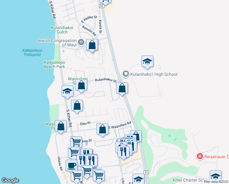 map of restaurants, bars, coffee shops, grocery stores, and more near 877 Malulani Street in Kihei