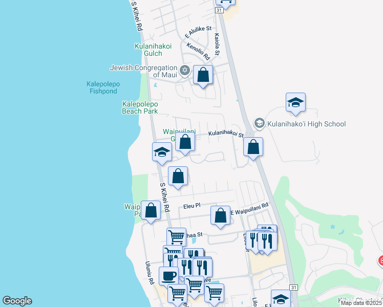 map of restaurants, bars, coffee shops, grocery stores, and more near 91 Oluea Circle in Kihei