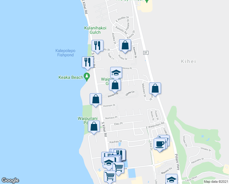 map of restaurants, bars, coffee shops, grocery stores, and more near 81 Waiapo Street in Kihei