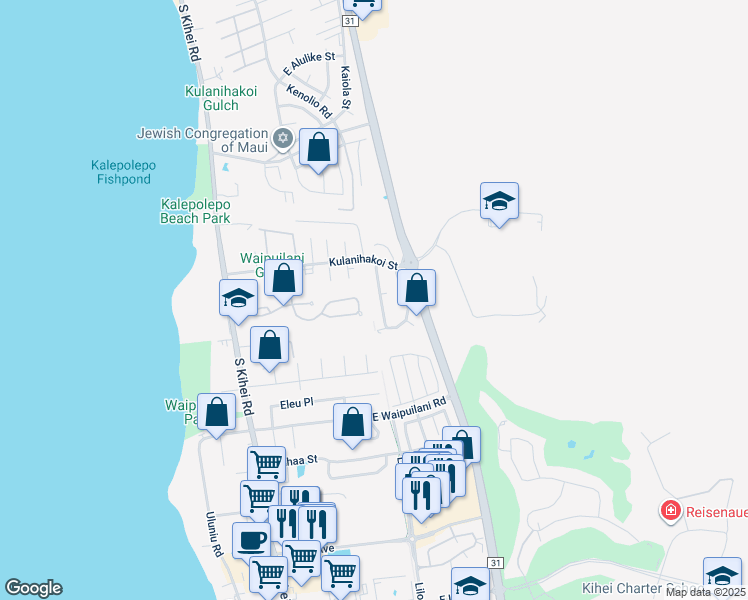 map of restaurants, bars, coffee shops, grocery stores, and more near 870 Malulani Street in Kihei