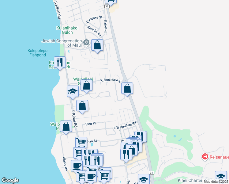 map of restaurants, bars, coffee shops, grocery stores, and more near 870 Malulani Street in Kihei