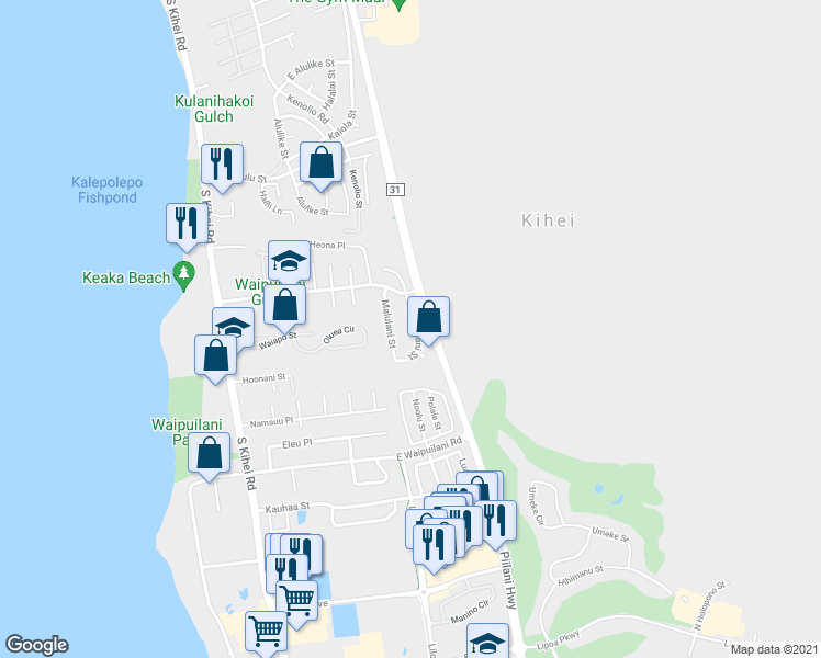 map of restaurants, bars, coffee shops, grocery stores, and more near 844 Mahealani Street in Kihei