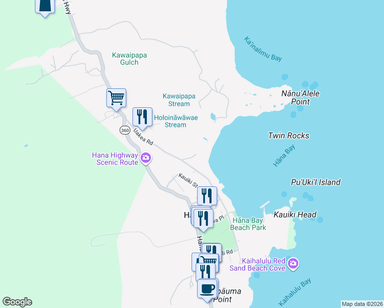 map of restaurants, bars, coffee shops, grocery stores, and more near 120 Waikoloa Road in Hana