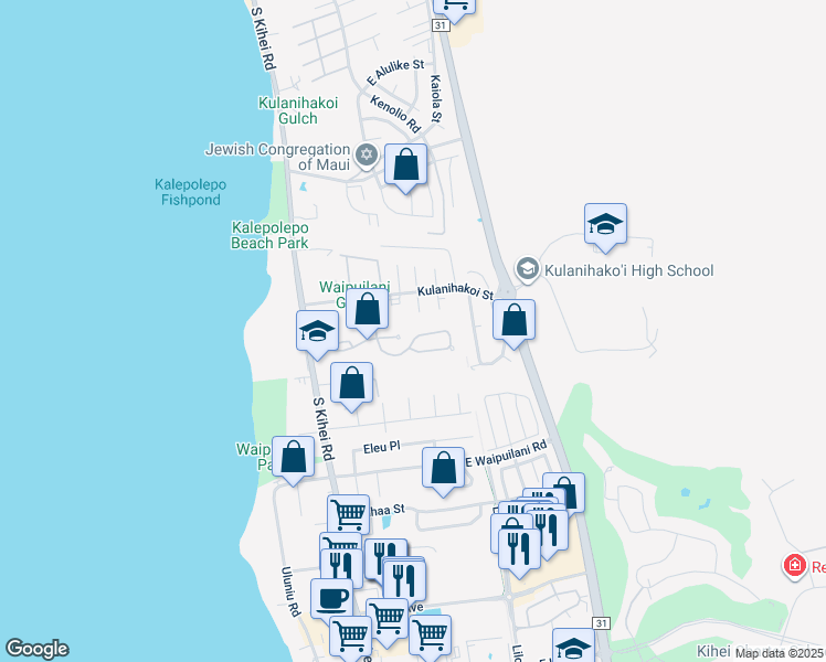 map of restaurants, bars, coffee shops, grocery stores, and more near 129 Oluea Circle in Kihei