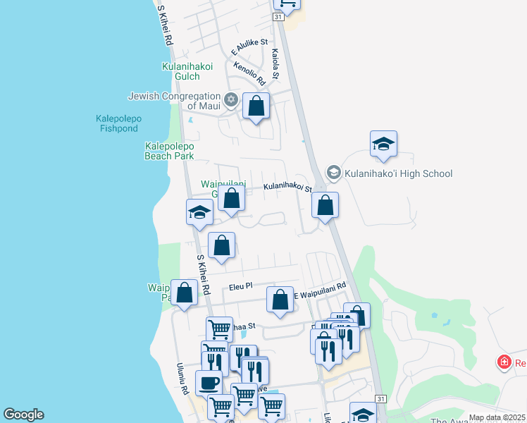 map of restaurants, bars, coffee shops, grocery stores, and more near 135 Oluea Circle in Kihei