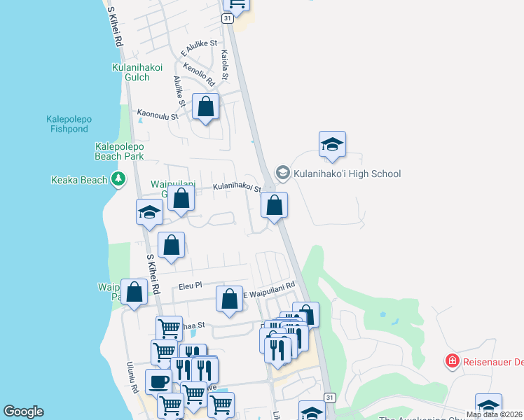 map of restaurants, bars, coffee shops, grocery stores, and more near 844 Mahealani Street in Kihei