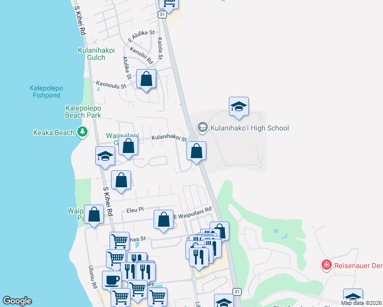 map of restaurants, bars, coffee shops, grocery stores, and more near 845 Mahealani Street in Kihei