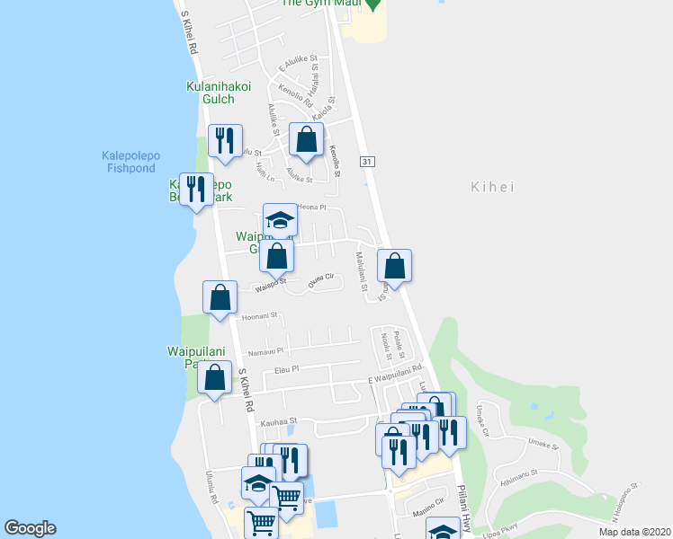 map of restaurants, bars, coffee shops, grocery stores, and more near 165 Oluea Circle in Kihei