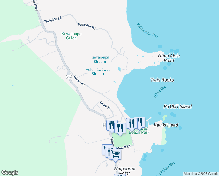 map of restaurants, bars, coffee shops, grocery stores, and more near 148 Waikoloa Road in Hana