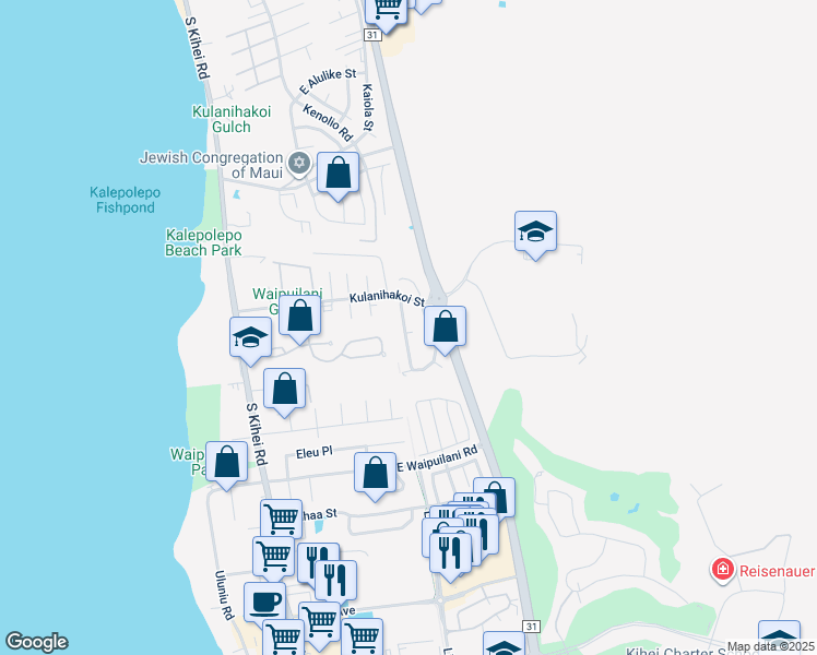 map of restaurants, bars, coffee shops, grocery stores, and more near 847 Malulani Street in Kihei