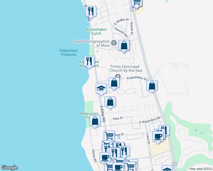 map of restaurants, bars, coffee shops, grocery stores, and more near 709 Kulanihakoi Street in Kihei