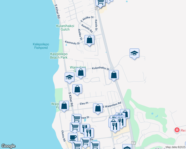 map of restaurants, bars, coffee shops, grocery stores, and more near 31 Waikalani Hema Place in Kihei