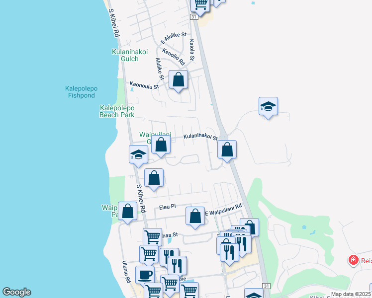 map of restaurants, bars, coffee shops, grocery stores, and more near 31 Waikalani Hema Place in Kihei