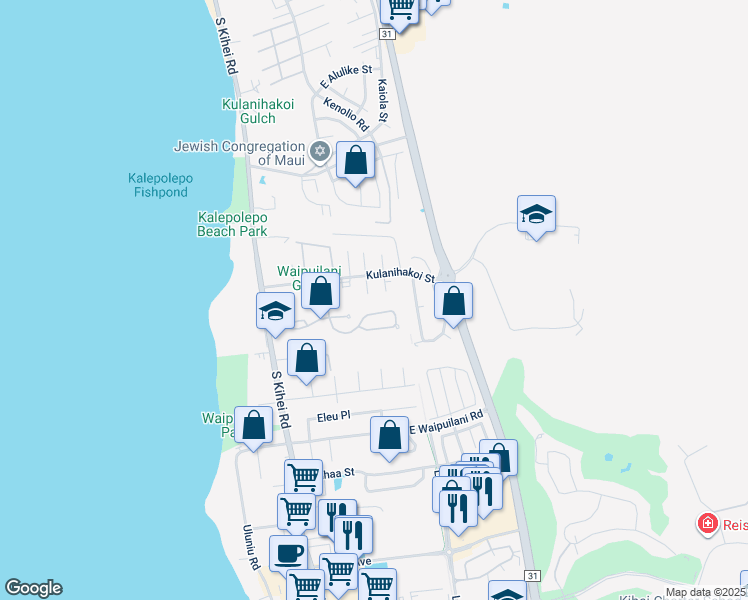 map of restaurants, bars, coffee shops, grocery stores, and more near 27 Waikalani Hema Place in Kihei