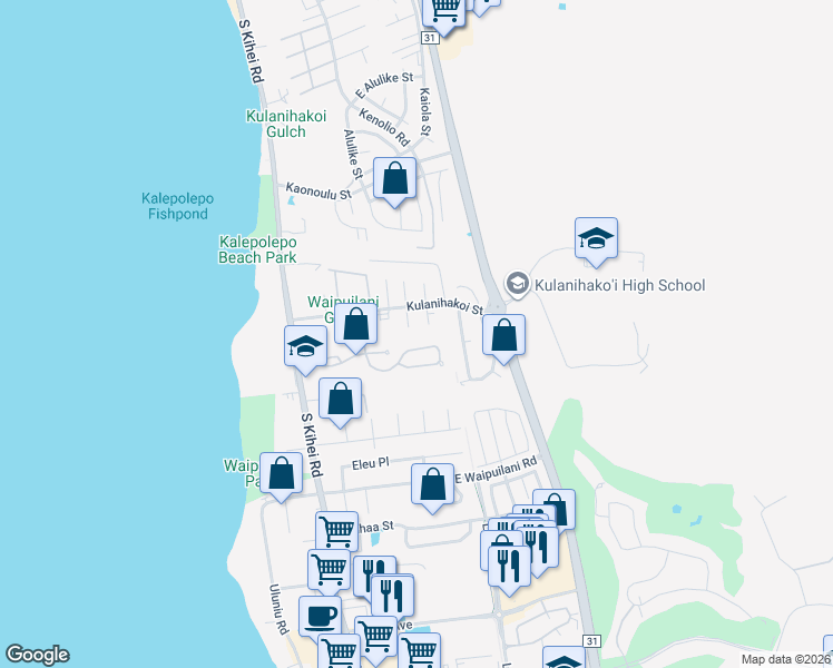 map of restaurants, bars, coffee shops, grocery stores, and more near 27 Waikalani Hema Place in Kihei