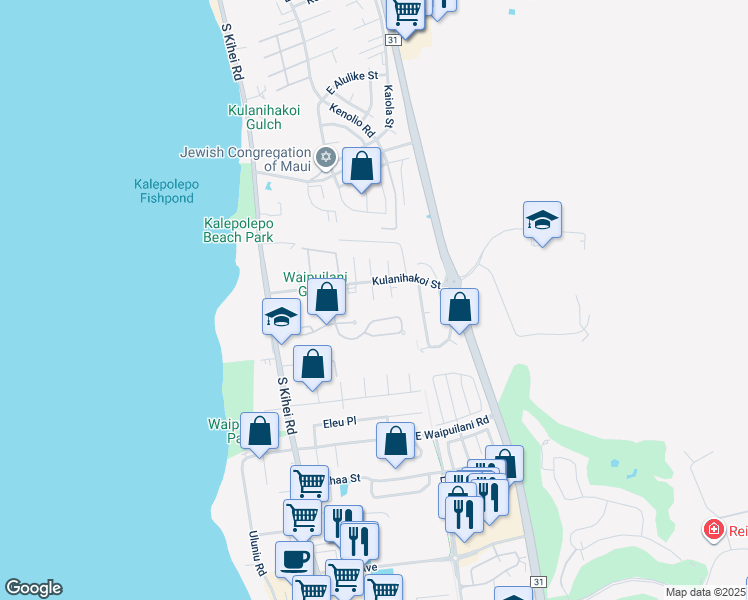 map of restaurants, bars, coffee shops, grocery stores, and more near 23 Waikalani Hema Place in Kihei