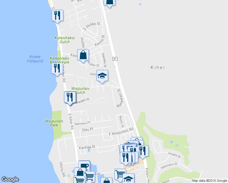 map of restaurants, bars, coffee shops, grocery stores, and more near 823 Malulani Street in Kihei