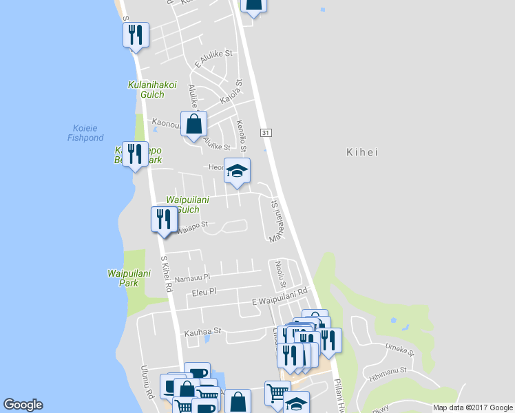 map of restaurants, bars, coffee shops, grocery stores, and more near 822 Malulani Street in Kihei