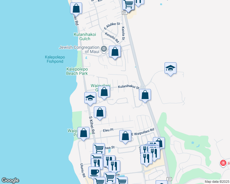 map of restaurants, bars, coffee shops, grocery stores, and more near 18 Waikalani Hema Place in Kihei