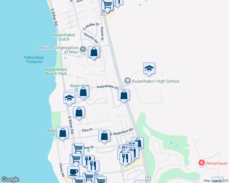 map of restaurants, bars, coffee shops, grocery stores, and more near 829 Malulani Street in Kihei